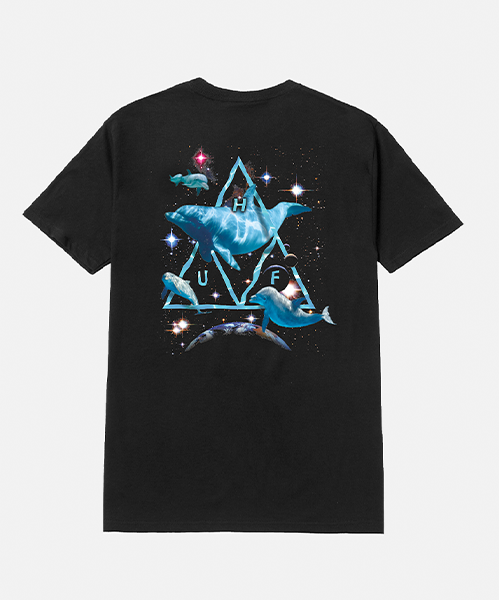 camiseta preta huf TS01849 SPACE DOLPHINS WHASHED SS TEE