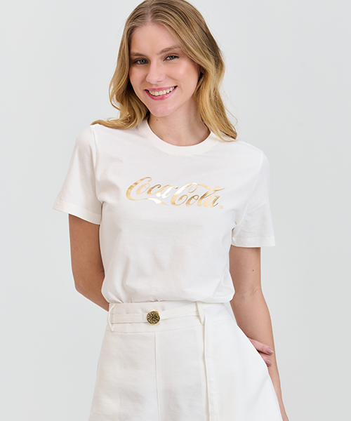 camiseta feminina coca cola foil dourado